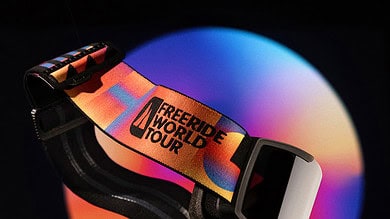 1. High-tech virtual reality headset with "Freeride World Tour" strap against a colourful glowing background.