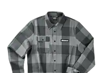Grey and black checkered men's flannel shirt with button-up front and chest pocket, ideal for winter outdoor activities and casual wear.