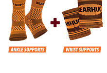 Pair of orange Bearhug ankle supports and two orange wrist supports with black text, set against a black background.