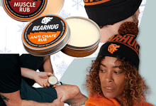 Bearhug Muscle Rub and Anti-Chafe Rub tins with a beanie and winter apparel on a cool, patterned background, showcasing Bearhug skincare for winter athletes.