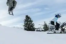 Two skiers performing jumps on snowy mountain slope with pine trees and cloudy sky in the background.