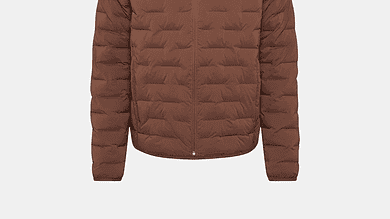 Brown Mammut down puffer jacket with hood, ideal for winter outdoor activities, featuring a front zipper and lightweight insulation.
