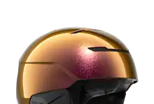 Sleek, aerodynamic winter ski helmet with reflective gold finish and adjustable chin strap, designed for safety and style on snowy slopes.